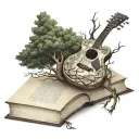 tree of life growing out of a book. a guitar leaning against the tree tattoo design idea