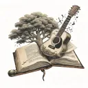 tree of life growing out of a book. a guitar leaning against the tree tattoo design idea