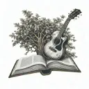tree of life growing out of a book. a guitar leaning against the tree tattoo design idea