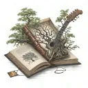 tree of life growing out of a book. a guitar leaning against the tree tattoo design idea