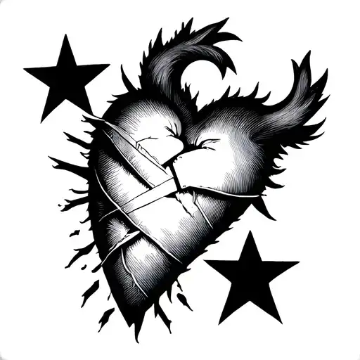 Love And Suddenly And Have A Broken Heart Wrapped In A Bandage And Three Stars Two Out Also Lone Wolf tattoo design idea