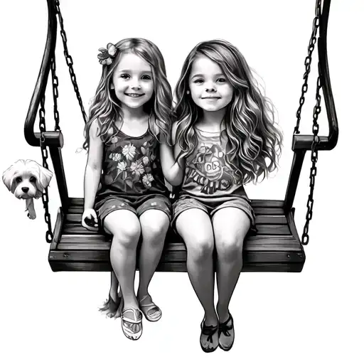 2 girls on a swing. Add in a cavachon dog and daisys tattoo design idea