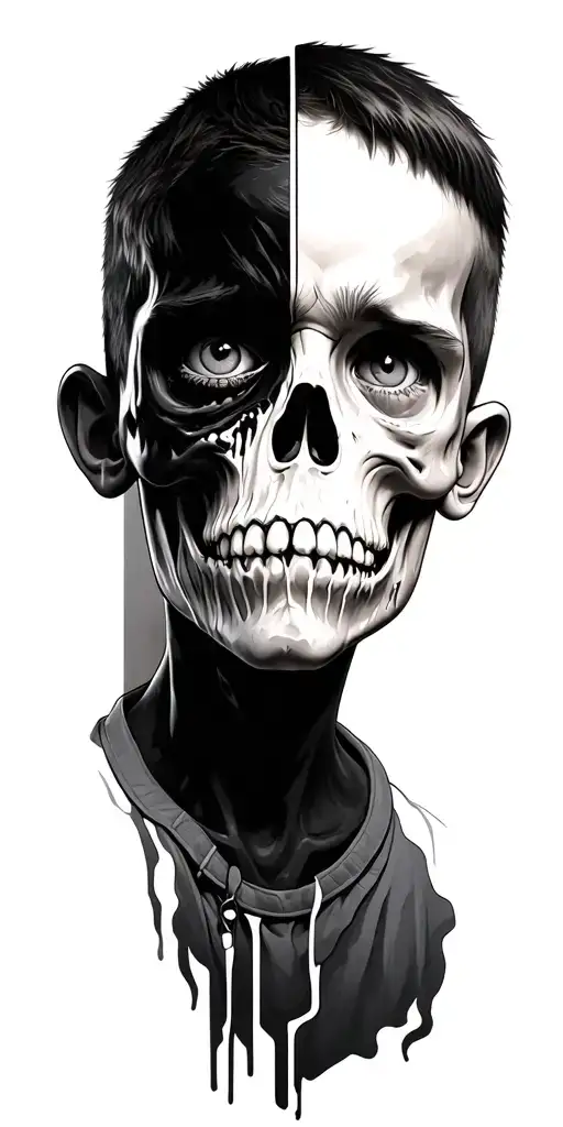 half boy sad face , half skull face, crying  tattoo design idea