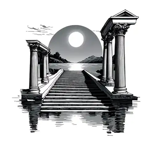 Old Greek columns. In between a staircase leads up and a rising sun. Background is a river going into the See.  tattoo design idea