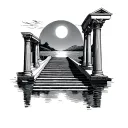 Old Greek columns. In between a staircase leads up and a rising sun. Background is a river going into the See.  tattoo design idea