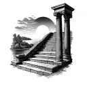 Old Greek columns. In between a staircase leads up and a rising sun. Background is a river going into the See.  tattoo design idea