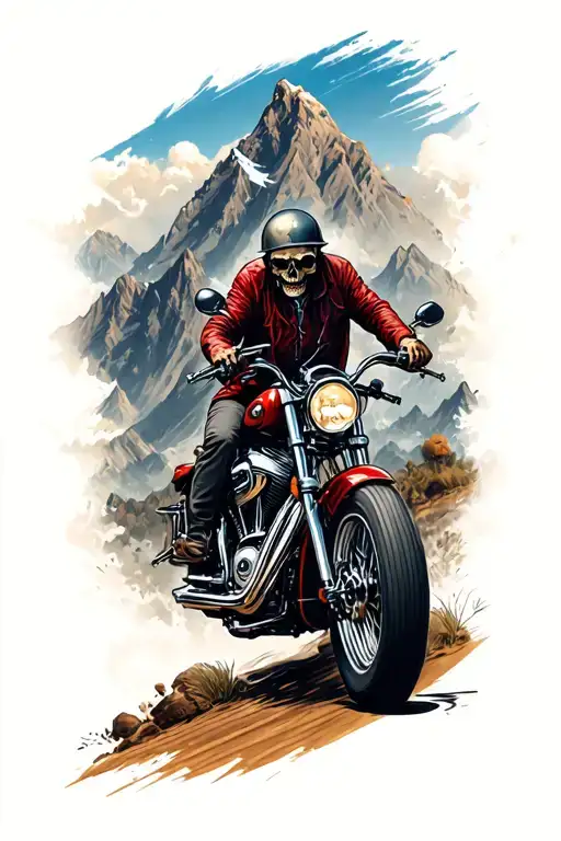 Mountains with Skulls Long Road with Red lancer"Forever cruising the open road, their spirit lives on. Until we meet aga tattoo design idea