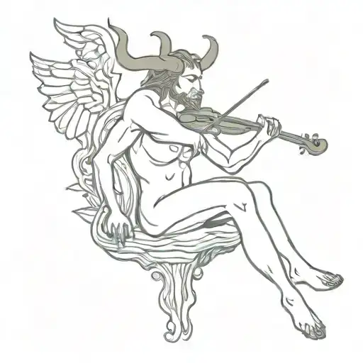 a Minotaur with angel wings sitting on a burning tree while playing the cello and eating macaroni and cheese tattoo design idea