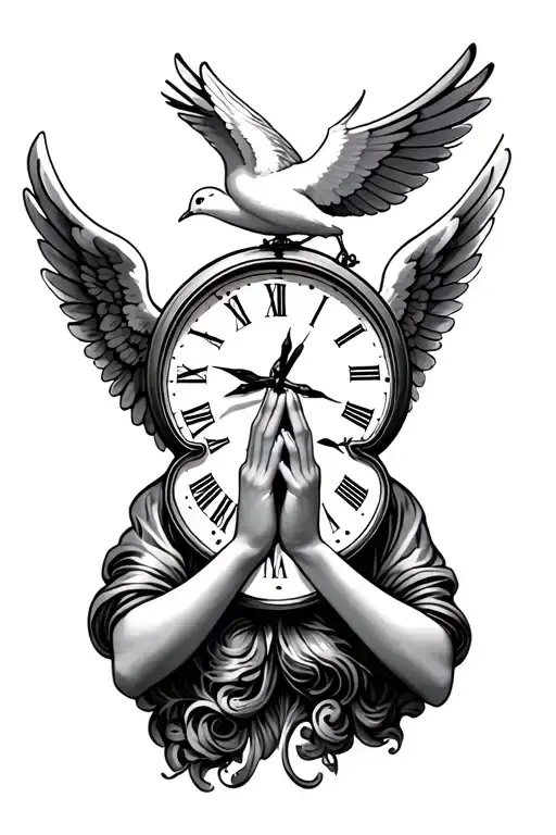 angel with praying hands with clock that says nothing's forever with a smile now I'll cry later and dove tattoo design idea