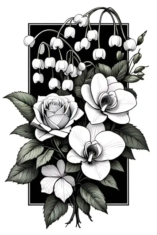 Lily of the Valley, White Rose and Orchid, all in a small bunch to represent my family. Add a white Rose to the bunch tattoo design idea