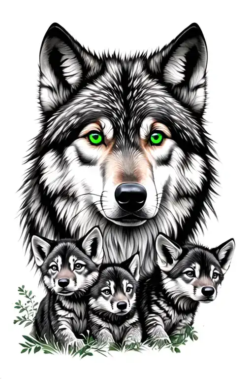 Black and white Mother wolf with green eyes and 2 baby cubs in forest background tattoo  tattoo design idea