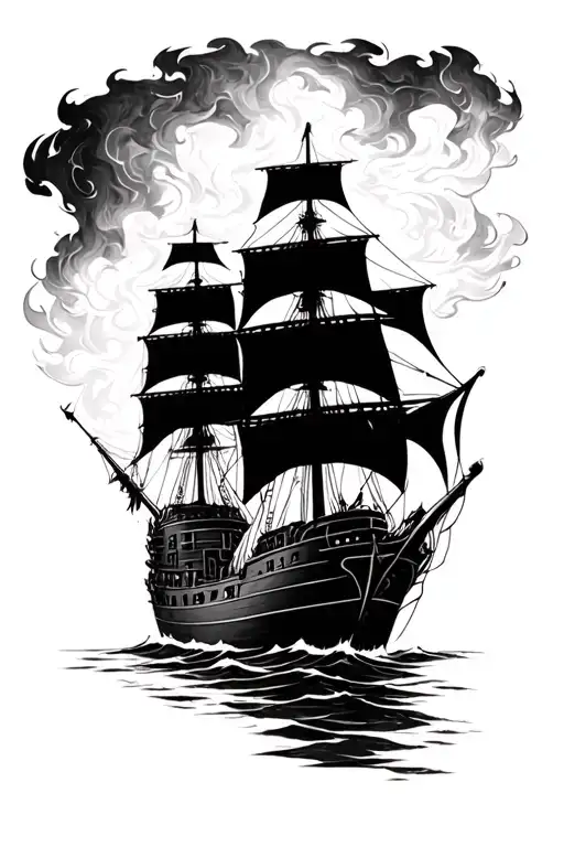 burning ships with damaged sails on fire tattoo design idea