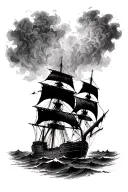 burning ships with damaged sails on fire tattoo design idea