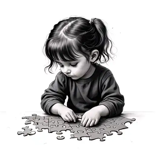 young child trying to piece together a puzzle sad female tattoo design idea