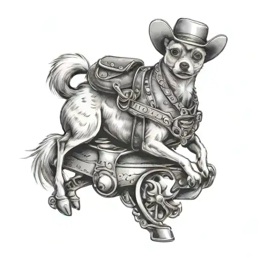 chihuahua wearing cowboy hat and boots riding tall Labrador like a horse tattoo design idea