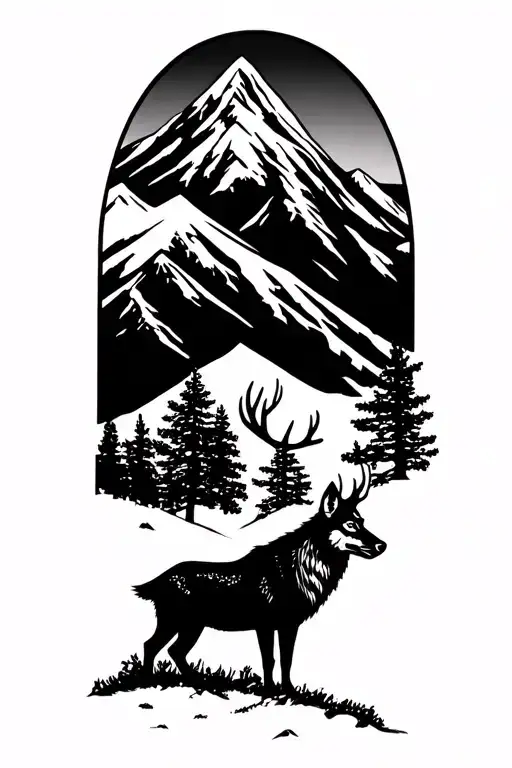 mountain landscape inspired featuring a single wolf and single buck with a prominent oak tree homage to military  tattoo design idea
