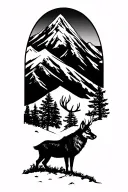 mountain landscape inspired featuring a single wolf and single buck with a prominent oak tree homage to military  tattoo design idea