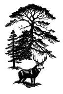 mountain landscape inspired featuring a single wolf and single buck with a prominent oak tree homage to military  tattoo design idea