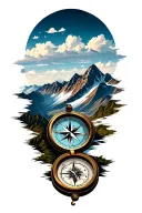 mountain range with compass in background tattoo design idea