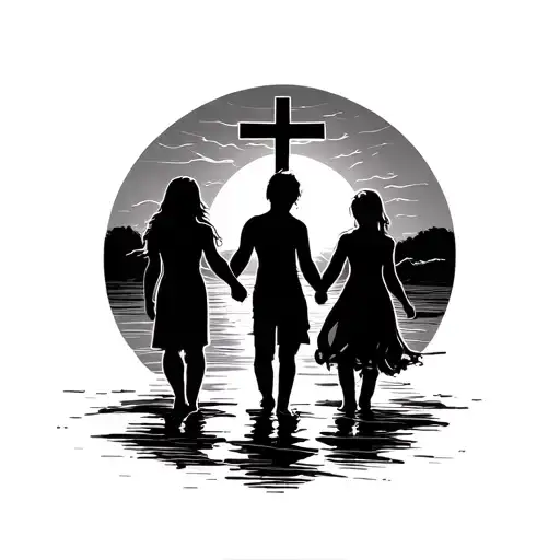 3 siblings holding hands walking into a sunset with a cross in the middle  tattoo design idea