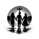 3 siblings holding hands walking into a sunset with a cross in the middle  tattoo design idea