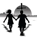 3 siblings holding hands walking into a sunset with a cross in the middle  tattoo design idea
