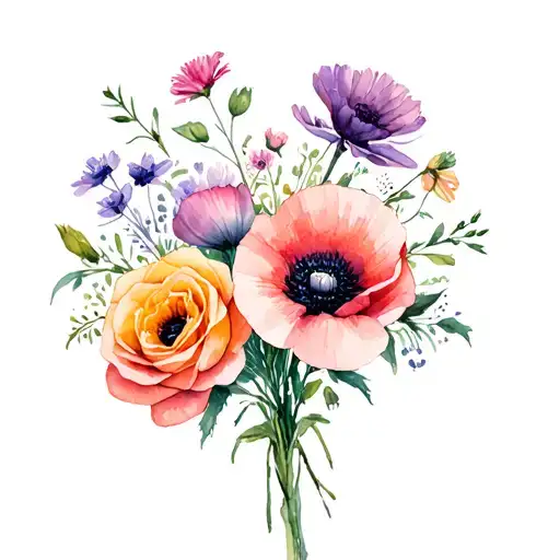 wildflower bouquet with rose, poppy, sweetpea, and aster tattoo design idea