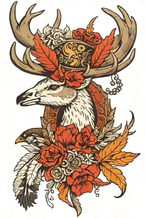 deer antler with goose and pheasant feathers tied to the the crown of the antler, with a cowboy silhouette in the goose  tattoo design idea