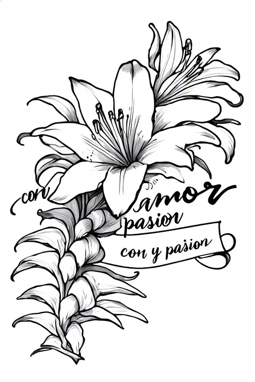 lily spine tattoo with cursive writing saying con amor y pasion tattoo design idea