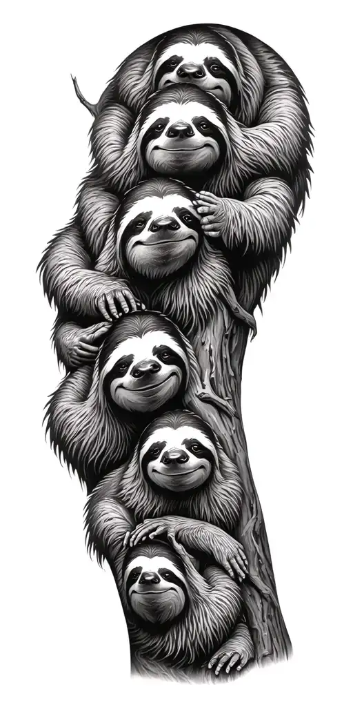 18 separate sloths; in a tree; each sloth older than previous sloth; arm sleeve tattoo design tattoo design idea