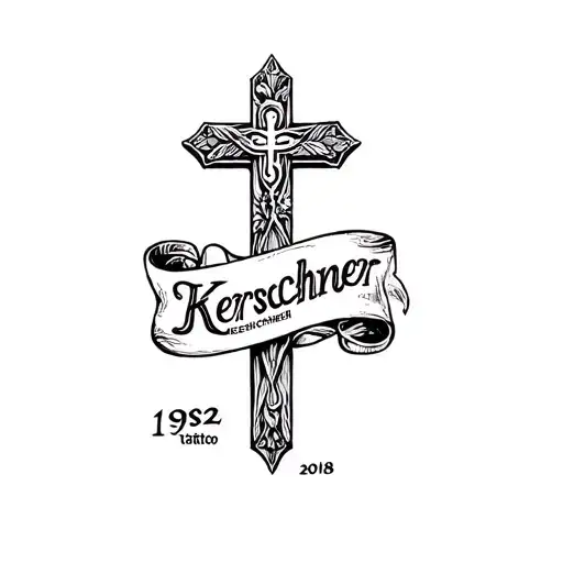 cross with banner saying 1952-2018 Kerschner tattoo design idea