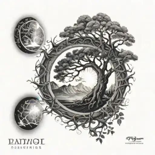 yggdrasil tree, sun and moon rays shining tattoo design idea