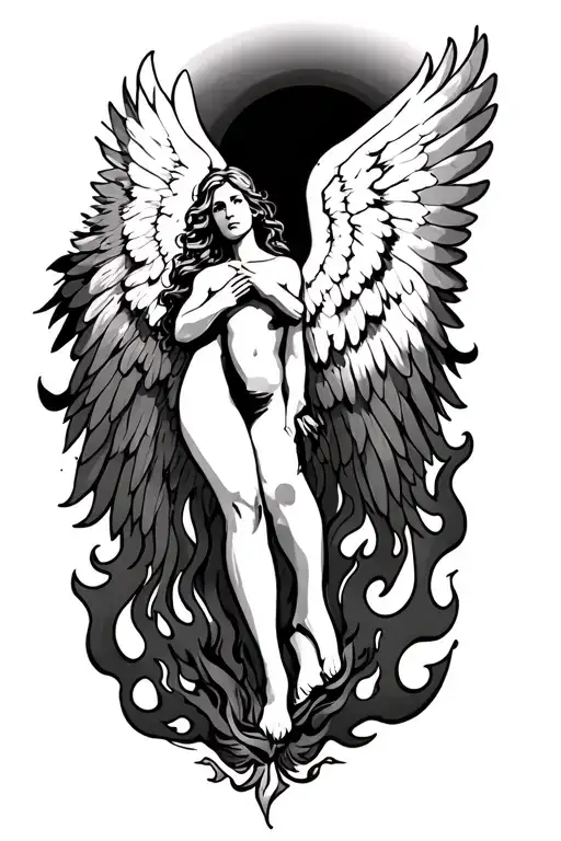 design me a full leg tattoo in black ink that has a flames at the bottom and angel wings that rises up the leg tattoo design idea
