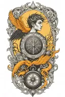 a representation of child being protected through his journey in life using trees, compass, phoenix and time tattoo design idea