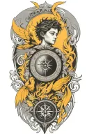 a representation of child being protected through his journey in life using trees, compass, phoenix and time tattoo design idea