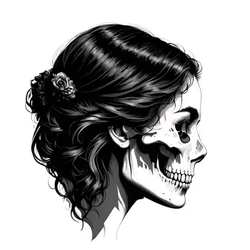 A woman’s face in profile (side view), in a dark,   Half of her face or jaw transitions into a skull  tattoo design idea