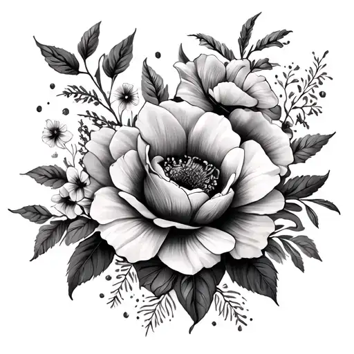 Draw a thigh tattoo for a woman with birth flowers for October, March, May, July and January make it sexy and bright tattoo design idea