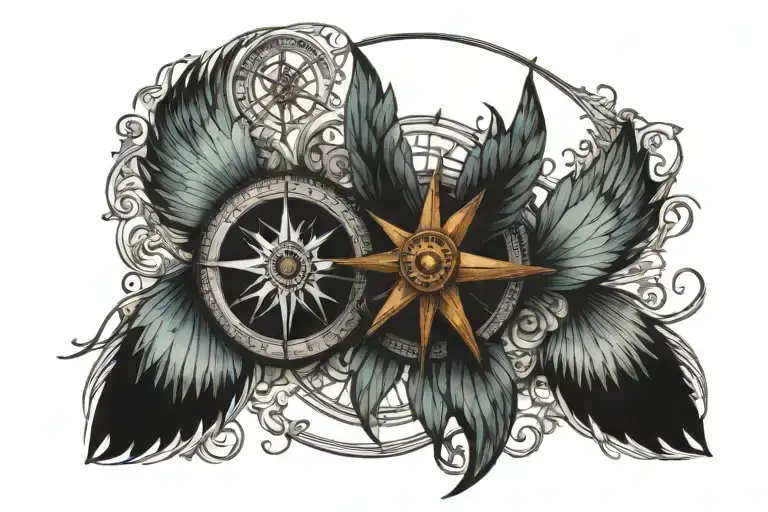 compass fairy wings surrounded tattoo design idea