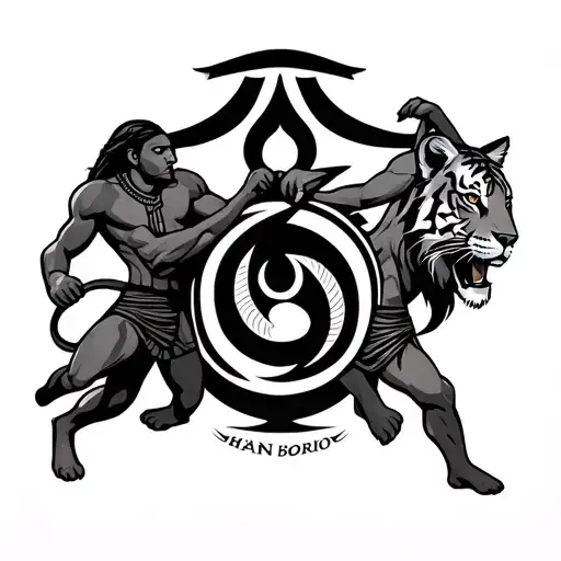 eye of Horus on knee, with an gye nyame symbol on thigh between two African warriors fighting with a lion and tiger abov tattoo design idea