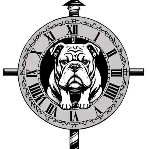 A barber pole in the middle, a respectful-looking bulldog, and a Greek clock around it. All of this is centered and shad tattoo design idea