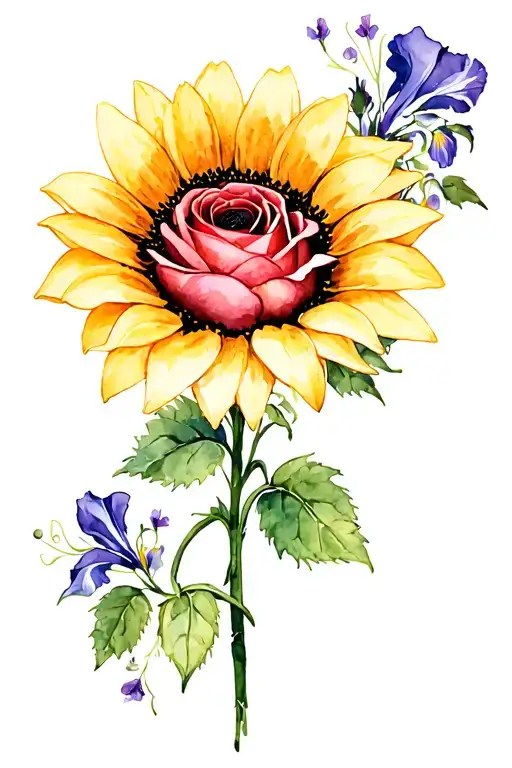 Sunflower rose honeysuckle violet iris primrose bouquet tattoo design idea