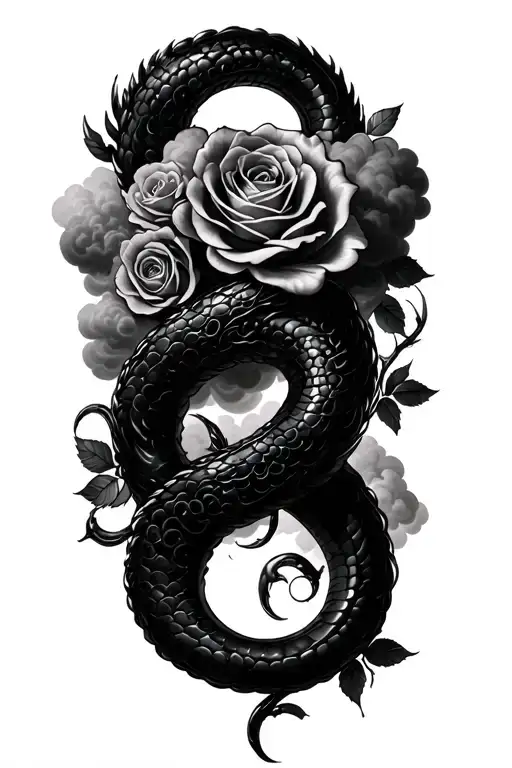 heavenly onyx cloud serpent wrapped with clouds and roses for a half sleeve tattoo design idea