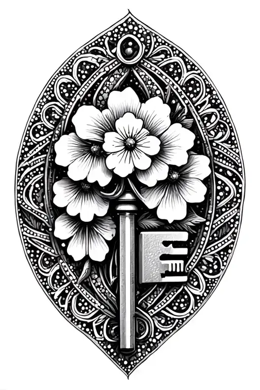 Old key with intricate patterns and a forget-me-not flower branch tattoo design idea