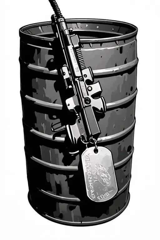 Military rifle with dog tags hanging from the barrel tattoo design idea