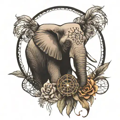 Elephant face + Compass at back + Dream catcher entangled tattoo design idea