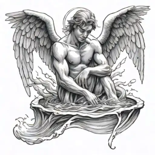 dramatic male angel Baptized in the water back facing sketch tattoo design idea