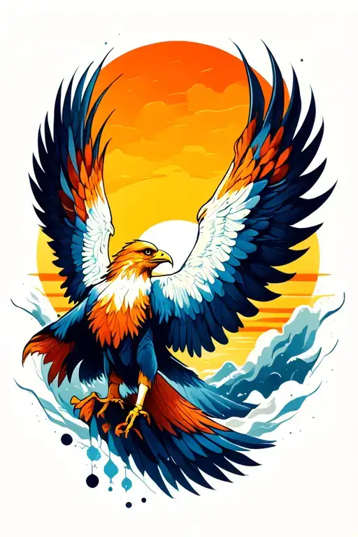 Sun rising Phoenix bird flying eagle wings tattoo design idea