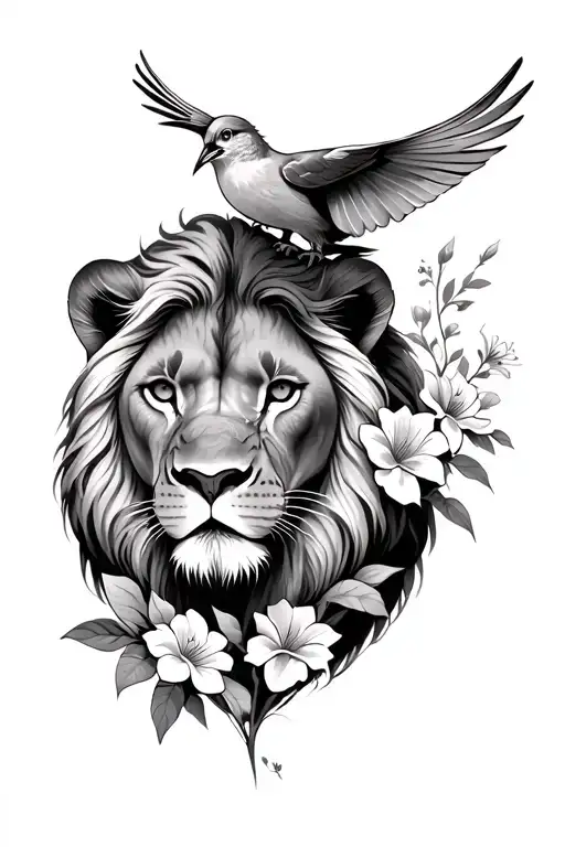 female lion, bird being freed, flowers blooming tattoo design idea