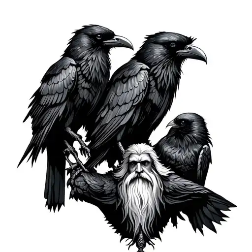 Norse god Odin with two ravens Huginn and Muninn in tribal tattoo  tattoo design idea