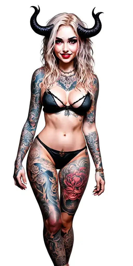 Sexy Pale Girl, petite, big boobs, wide hips, G-String. Messy hair, demonic horns, sexual. Seductive smile. Full Body tattoo design idea